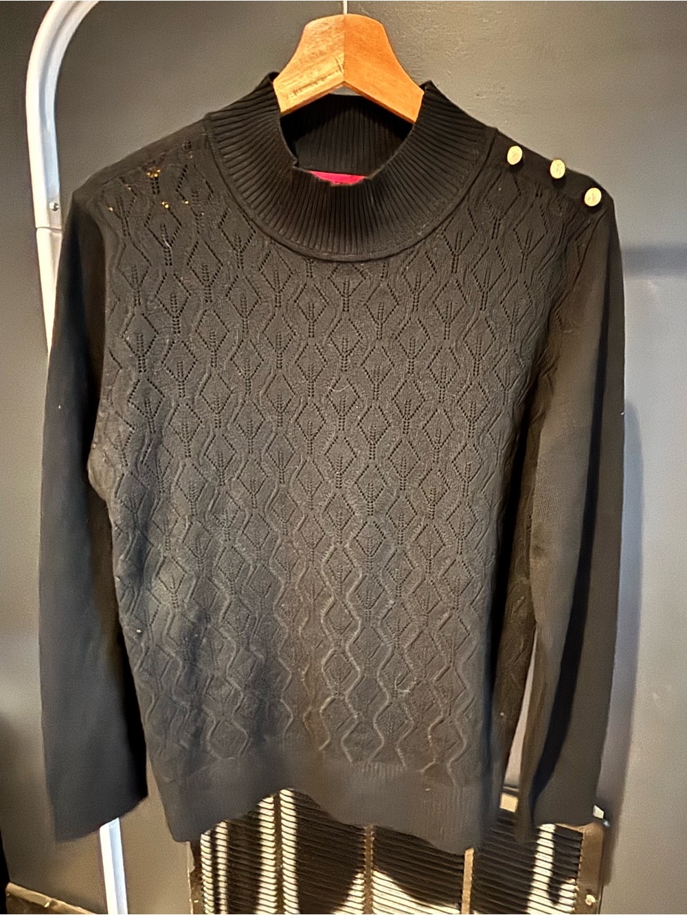 Women's Black Turtleneck Sweater with Shoulder Button Detail